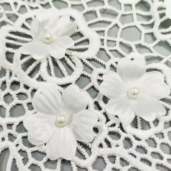 3d Floral Lace Guipure Fabric Pearls Water Soluable Cord Embroidery Guipure Lace Fabric