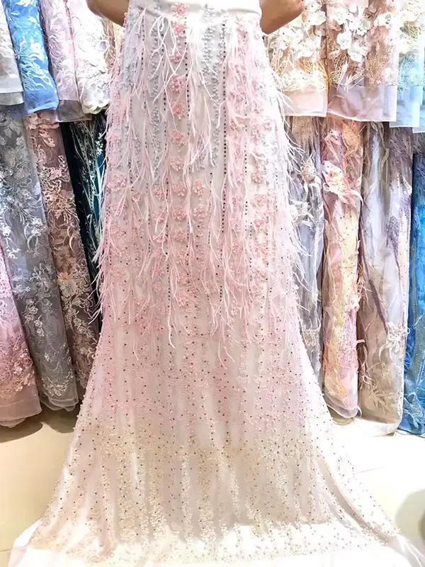 Custom Luxury Heavy Made Embroidery Tulle Beads Lace Mesh Beaded Fabric