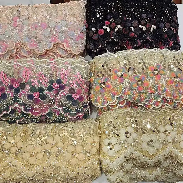 Kolore anitzeko parpaila brodatua 3D sareko lore zinta perladun hodi barra-kode brodatua parpaila